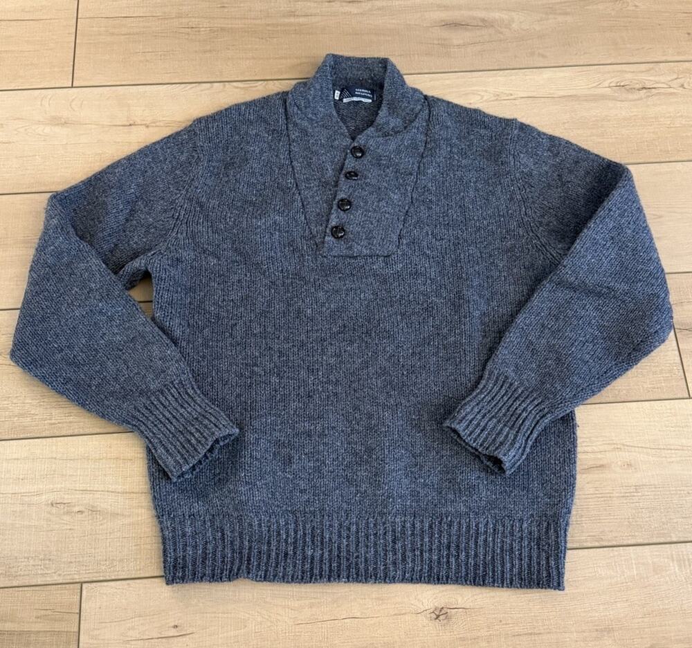Sierra Designs Shetland Wool Sweater Mens XL Gray Henley Button Chunky Knit